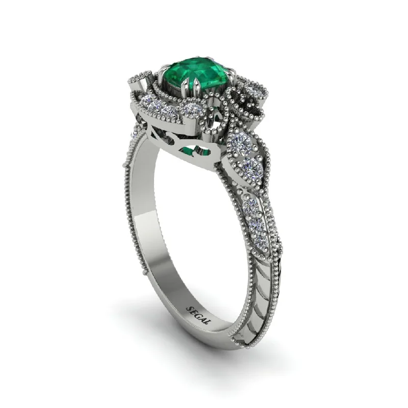 Emerald Vintage Filigree Cushion Cut Engagement Ring - Elaina No. 6