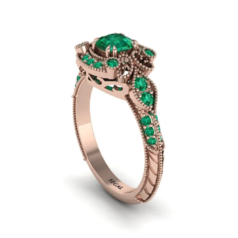 Emerald Vintage Filigree Cushion Cut Engagement Ring - Elaina No. 20