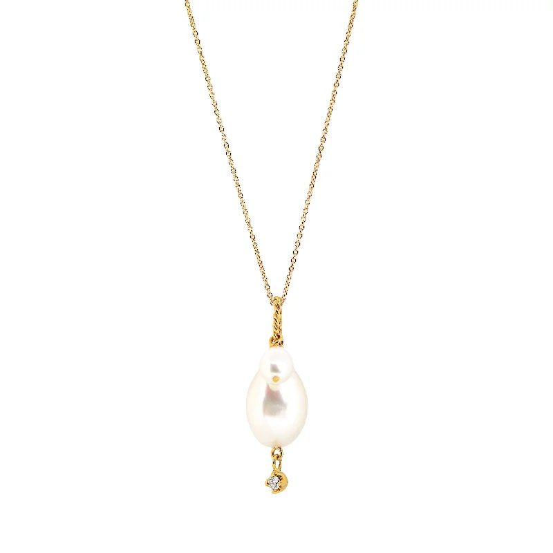 Women's necklaces sleek-chain-gold-Double Pearls and Diamond Pendant / Necklace, Solid Gold