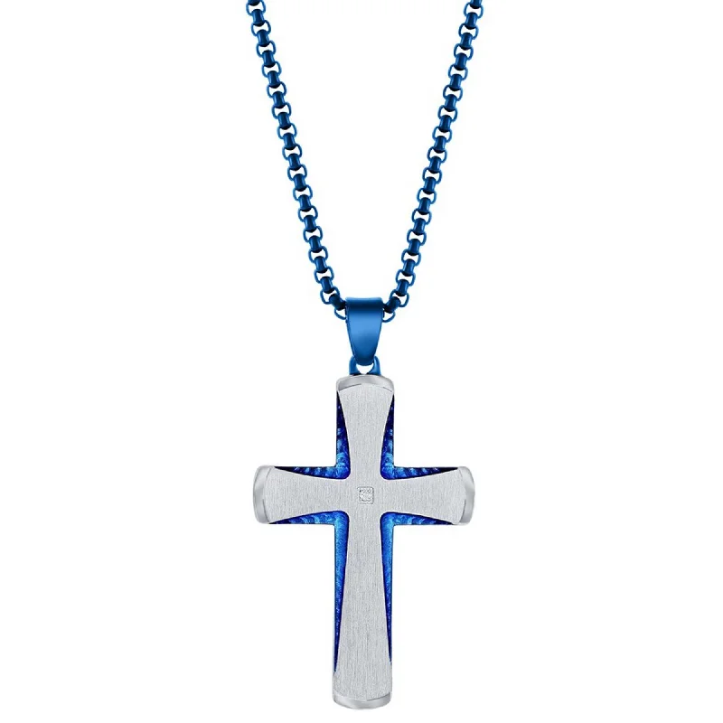 Women's necklaces rose-tone-Metallo Men's Necklace - Stainless Steel Blue and Silver Single CZ Cross | SL-7120