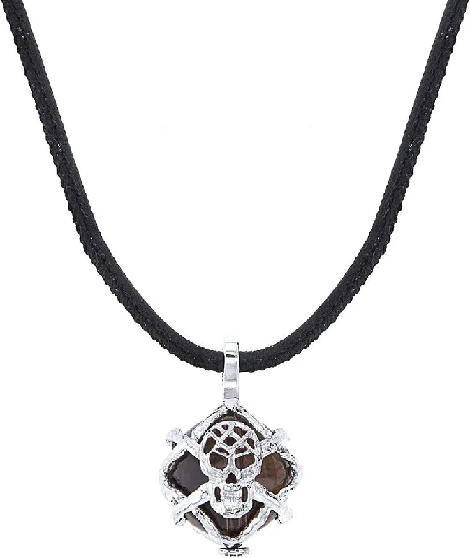 Women's necklaces modern-gem-William Henry Sterling Silver Two-Tone P46 SQ Purpose Smoky-Quartz Skull Necklace with Leather Cord 23"