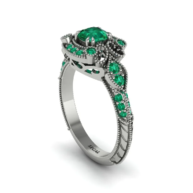 Emerald Vintage Filigree Cushion Cut Engagement Ring - Elaina No. 21