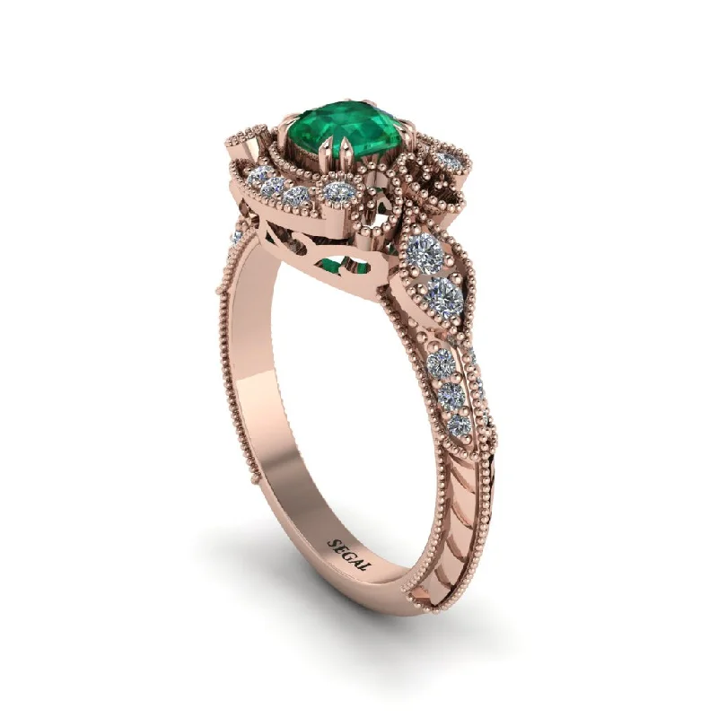 Emerald Vintage Filigree Cushion Cut Engagement Ring - Elaina No. 5