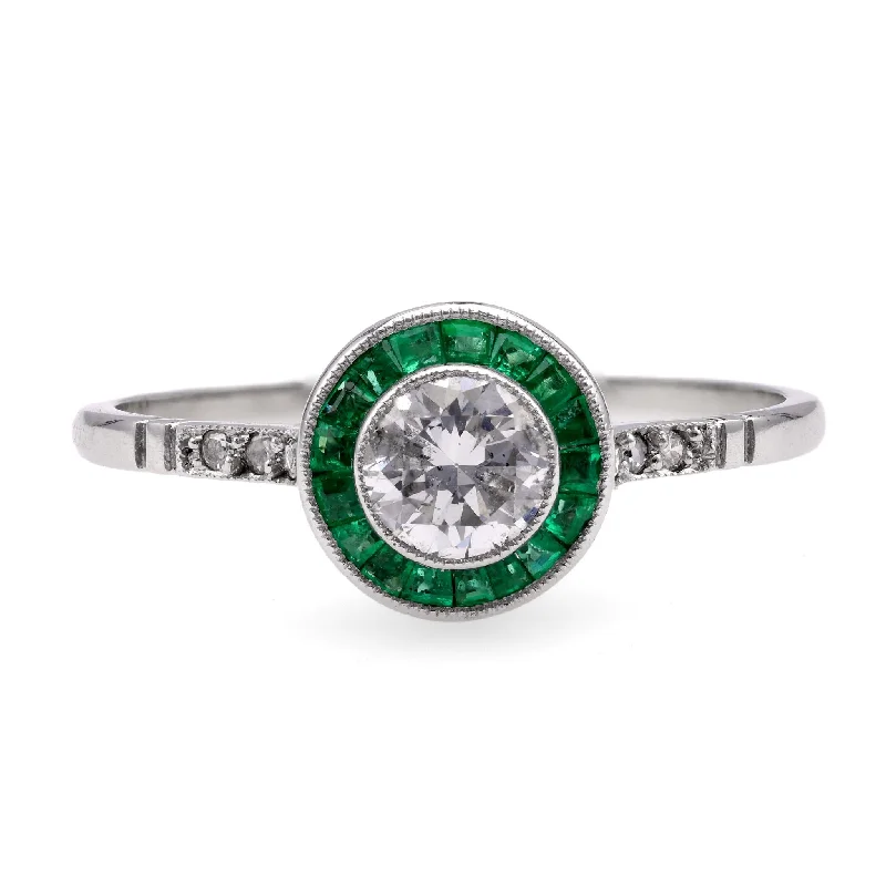 Art Deco Inspired Diamond Emerald Platinum Engagement Ring