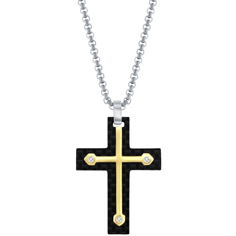 Women's necklaces party-ready-Metallo Men's Necklace - Stainless Steel Black Carbon Fiber and Gold Cross | SL-7111