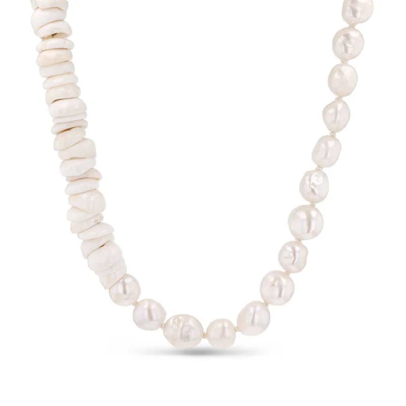 14K White Pearl and Puka Shell Knotted Necklace  NG002829