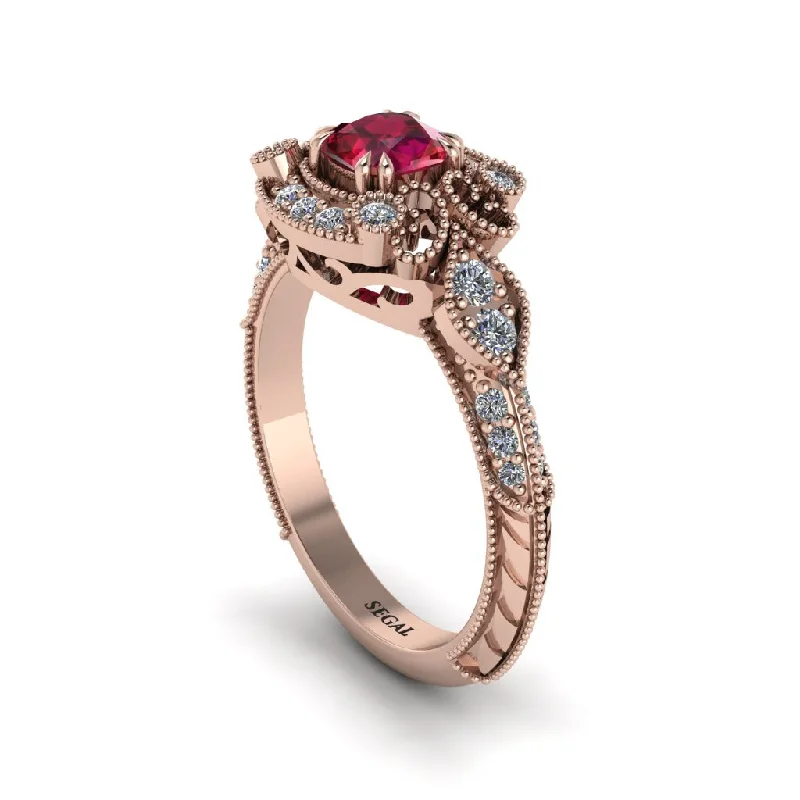 Ruby Vintage Filigree Cushion Cut Engagement Ring - Elaina No. 11