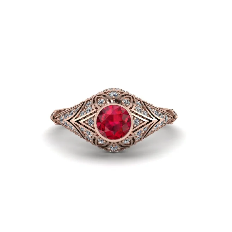 Ruby Bezel Vintage Filigree Engagement Ring - Kendall No. 11