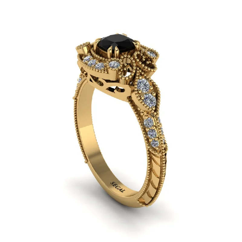 Black Diamond Vintage Filigree Cushion Cut Engagement Ring - Elaina No. 7