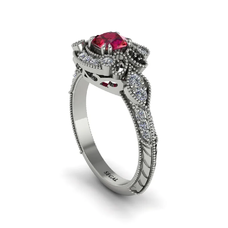 Ruby Vintage Filigree Cushion Cut Engagement Ring - Elaina No. 12