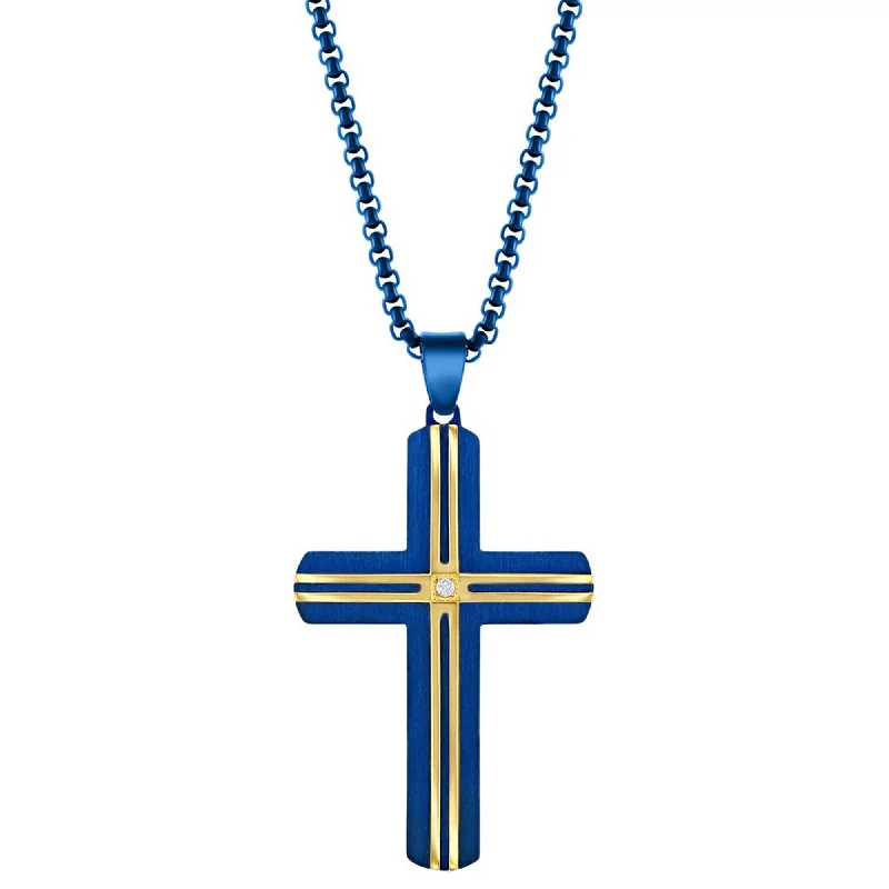 Women's necklaces opal-Metallo Men's Necklace - Steel Blue and YG Plated Lined White CZ Cross | SL-7131