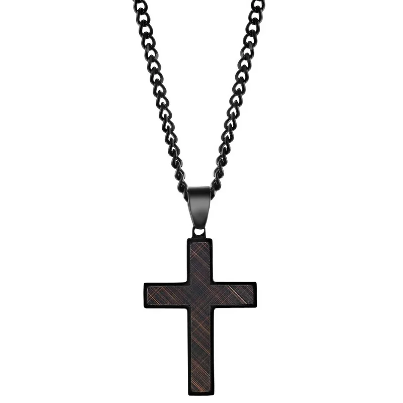 Women's necklaces smooth-finish-Metallo Men's Necklace - Stainless Steel Black and Lined Rose Gold Cross | SL-7118