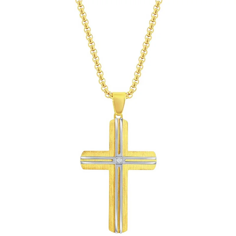 Women's necklaces petite-Metallo Men's Necklace - Stainless Steel Gold and Silver Lined CZ Cross | SL-7130