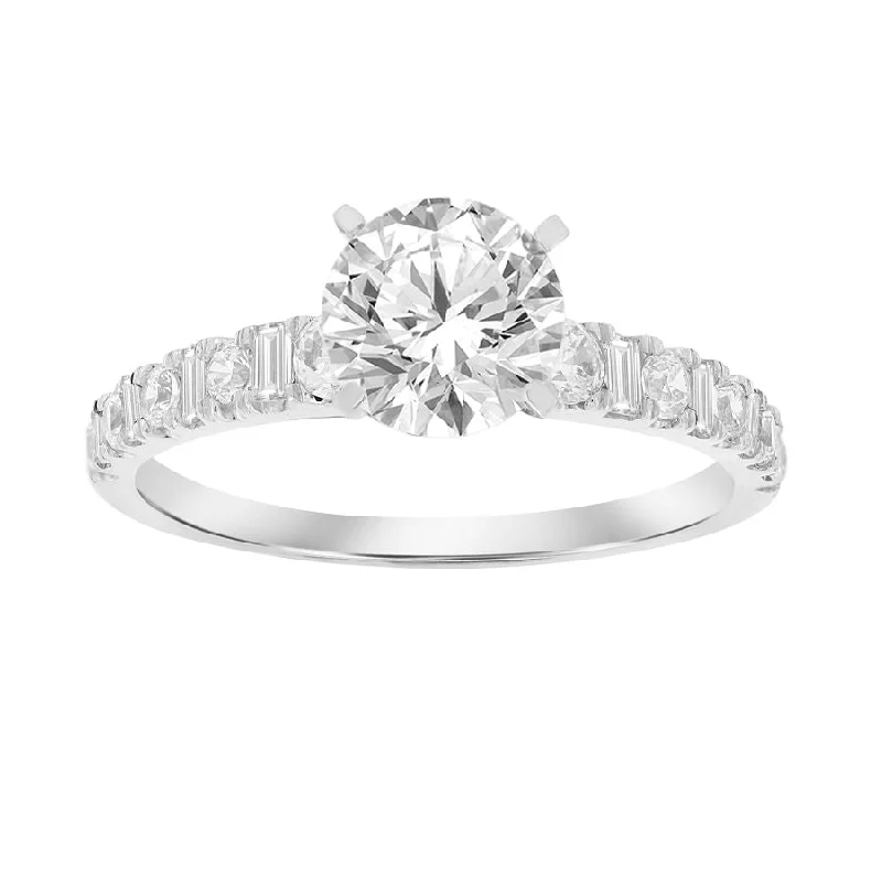 LADIES ENGAGEMENT RING SEMI MOUNT 0.50CT ROUND/BAGUETTE DIAMOND 14K WHITE GOLD