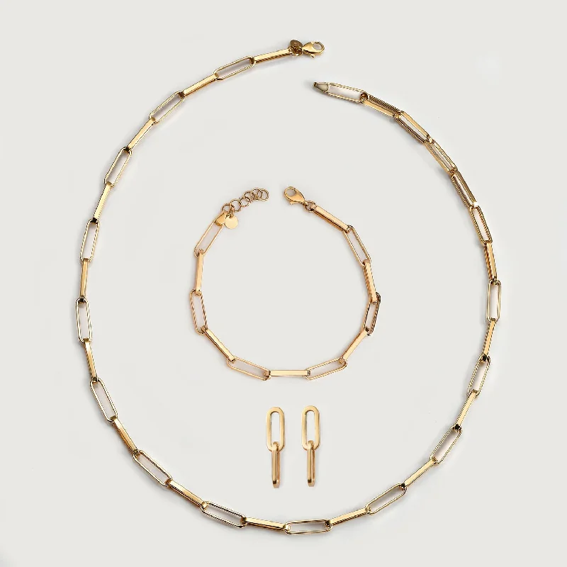 14K Paperclip Necklace + Paperlink Bracelet in 14K Gold + 9K Paperclip Earring in Gold