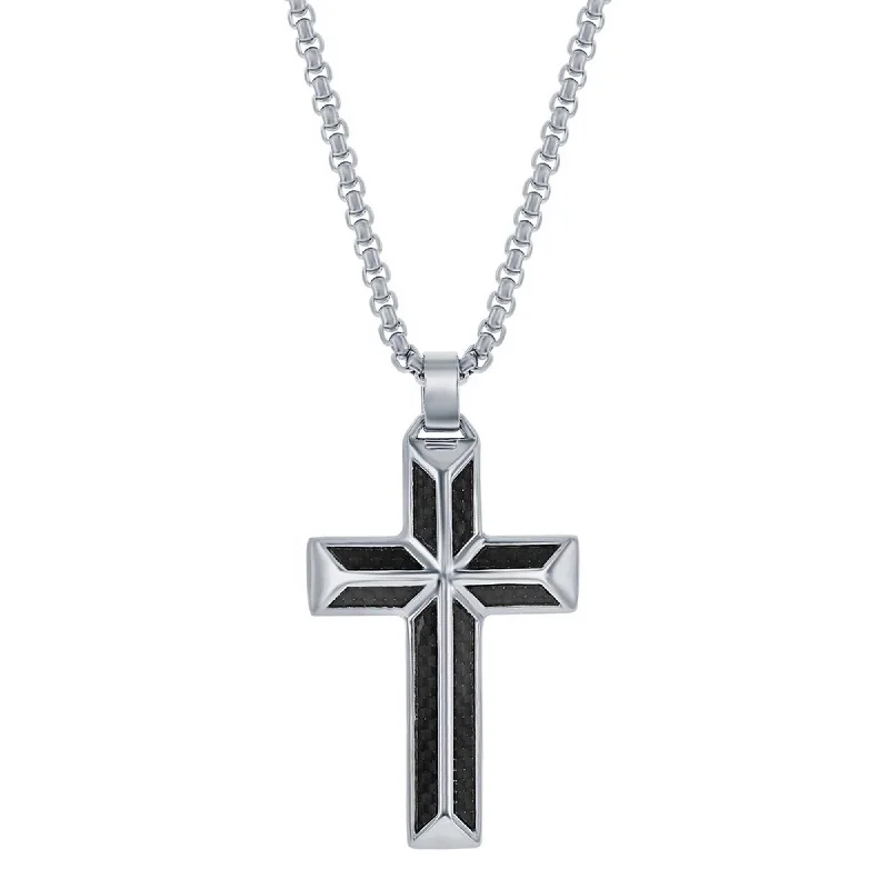 Women's necklaces eco-chic-Blackjack Men's Necklace - Stainless Steel Black Carbon Fiber Cross Pendant | SL-7088