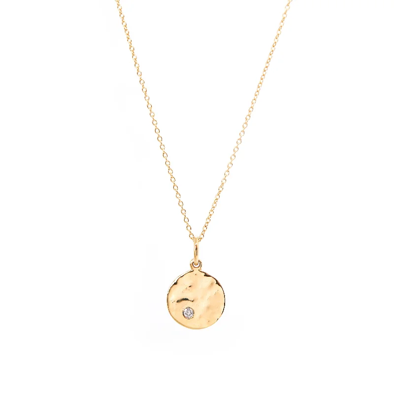 Women's necklaces artsy-chic-Mini Disc with Diamond Pendant Necklace, Solid Gold