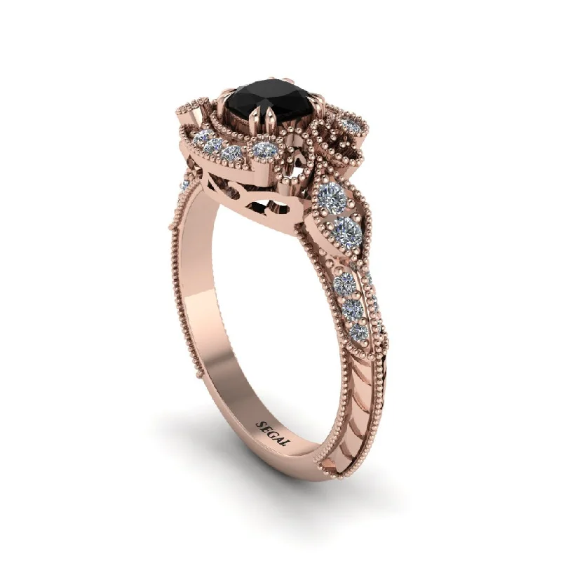 Black Diamond Vintage Filigree Cushion Cut Engagement Ring - Elaina No. 8