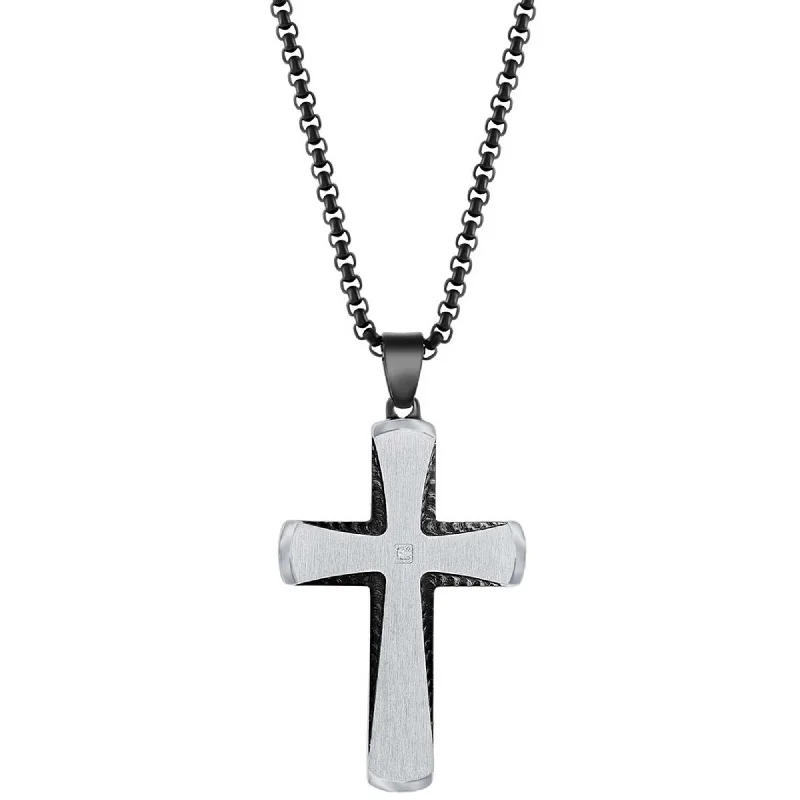 Women's necklaces subtle-sparkle-Metallo Men's Necklace - Stainless Steel Black and Silver Single CZ Cross | SL-7119