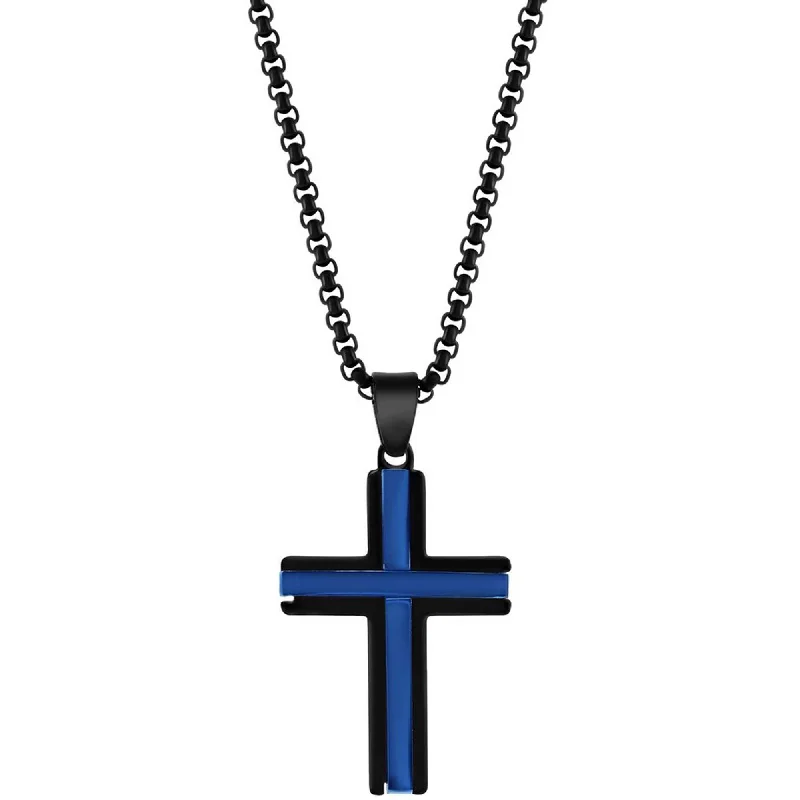 Women's necklaces art-deco-Metallo Men's Necklace - Stainless Steel Black and Blue Plated 24 inch Cross | SL-7125