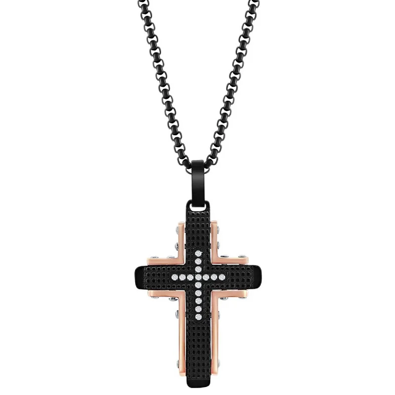 Women's necklaces sleek-stone-Metallo Men's Necklace - Black and Rose Stainless Steel CZ Cross Pendant | SL-7105