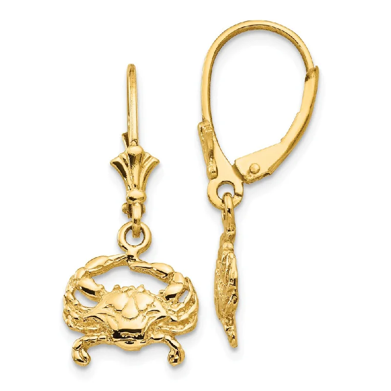 Blue Crab Lever Back Earrings in 14k Yellow Gold