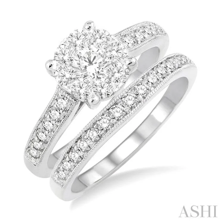 1 Ctw Diamond Wedding Set with 3/4 Ctw Lovebright Round Cut Engagement Ring and 1/4 Ctw Wedding Band in 14K White Gold