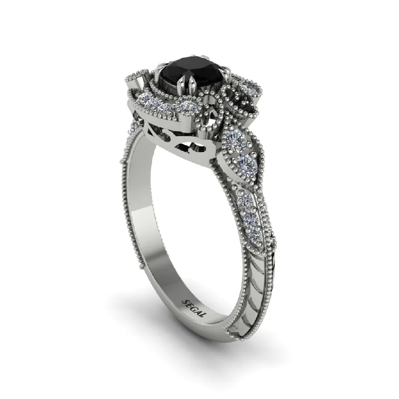 Black Diamond Vintage Filigree Cushion Cut Engagement Ring - Elaina No. 9